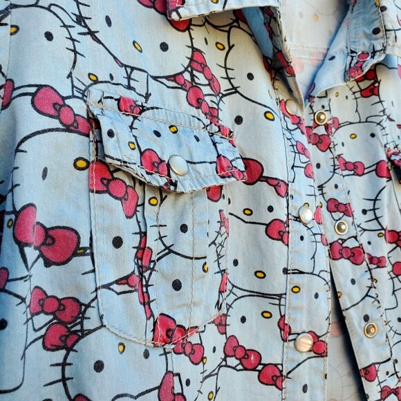 Hello Kitty Pearl Snap Shirt Cotton Long Sleeve Western Womens S Blue Gray - Picture 10 of 10